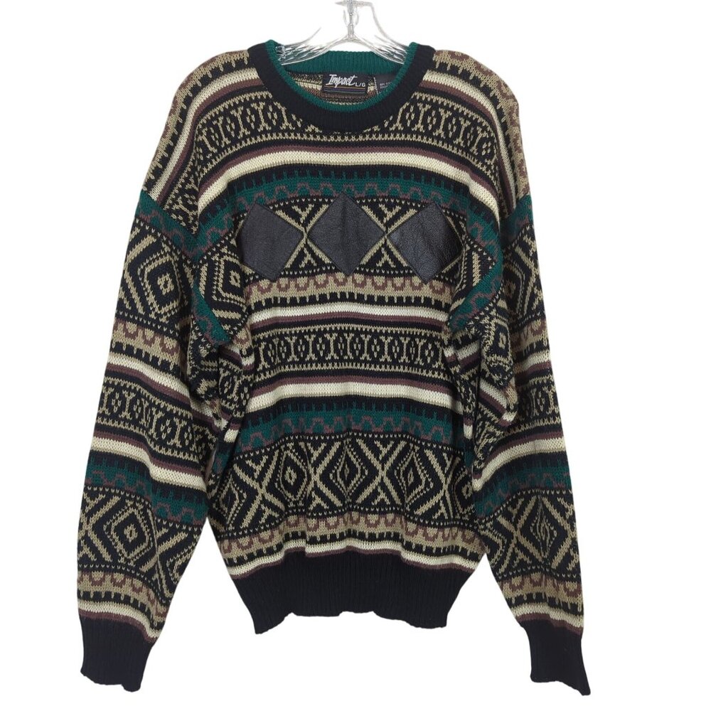 Vintage Impact Sweater L Geometric Pattern Leather Trim Korea 80s‎ 90s